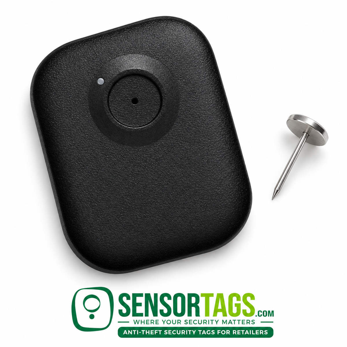 Black Maxi security tag, angled reverse view beside a silver flat-headed pin