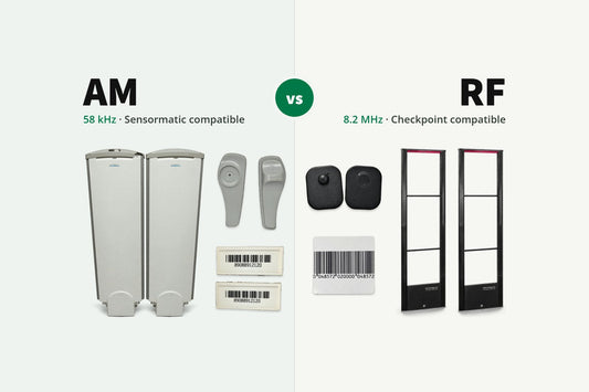 AM (58 kHz, Sensormatic compatible) towers, hard tags and labels beside RF (8.2 MHz, Checkpoint compatible) towers, hard tags and a label