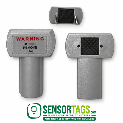 Alarming eyeglass security tags, front and rear views with removable backer
