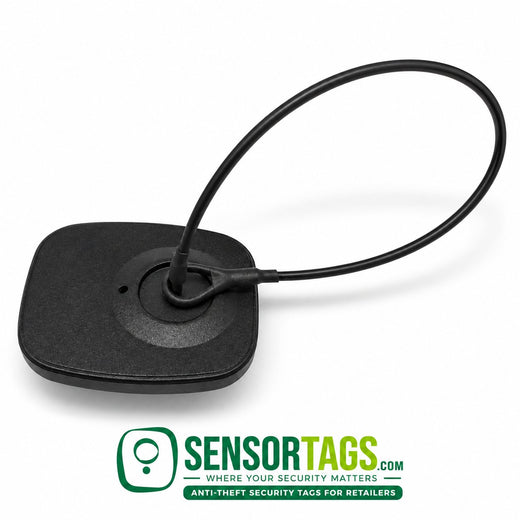 Image of a black pin lanyard used for retail security