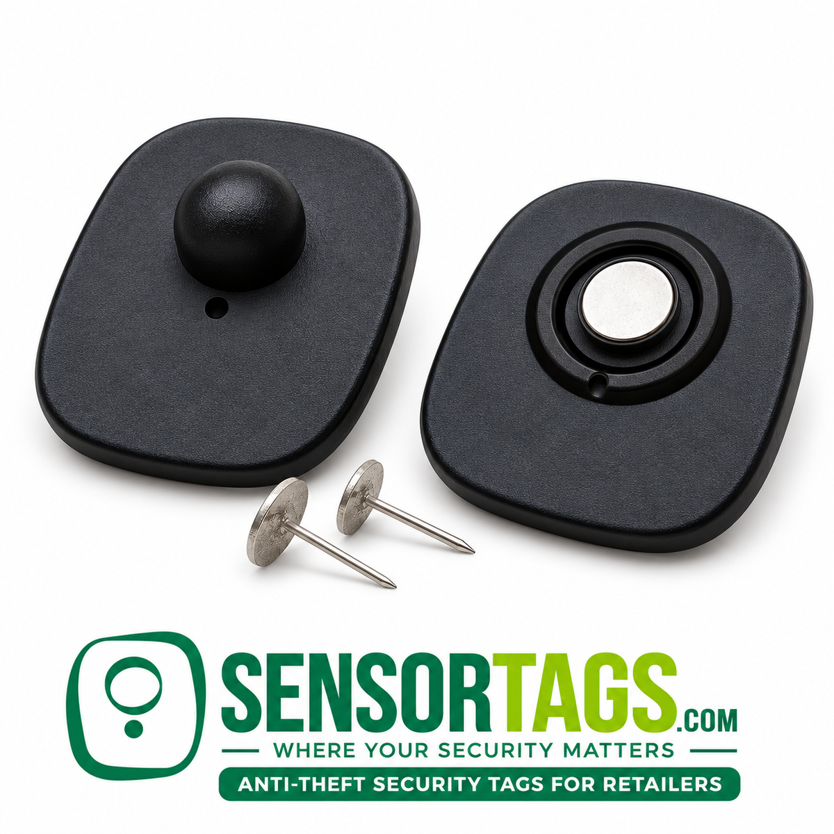 Black Mini RF 8.2 MHz security tags with silver flat-head pins, arranged as an angled pair on a white background.