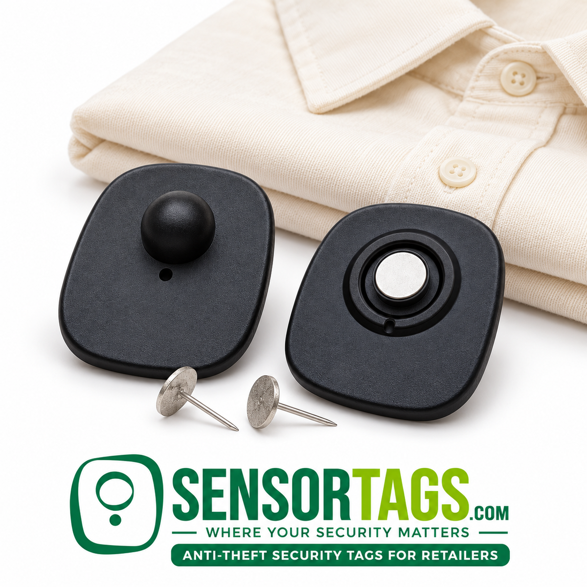 Black Mini RF security tags and silver pins beside folded cotton apparel, showing their compact size for clothing retail.