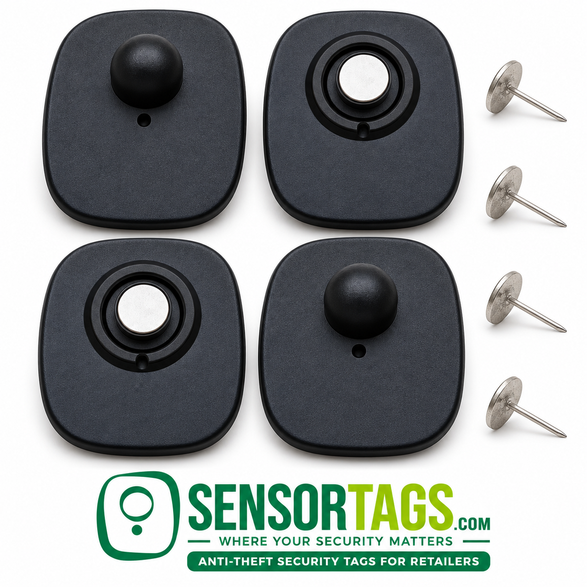 Four Black Mini RF 8.2 MHz security tags arranged in a flat lay with their silver pins on a clean white surface.