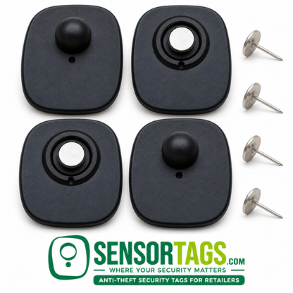 Four Black Mini RF 8.2 MHz security tags arranged in a flat lay with their silver pins on a clean white surface.