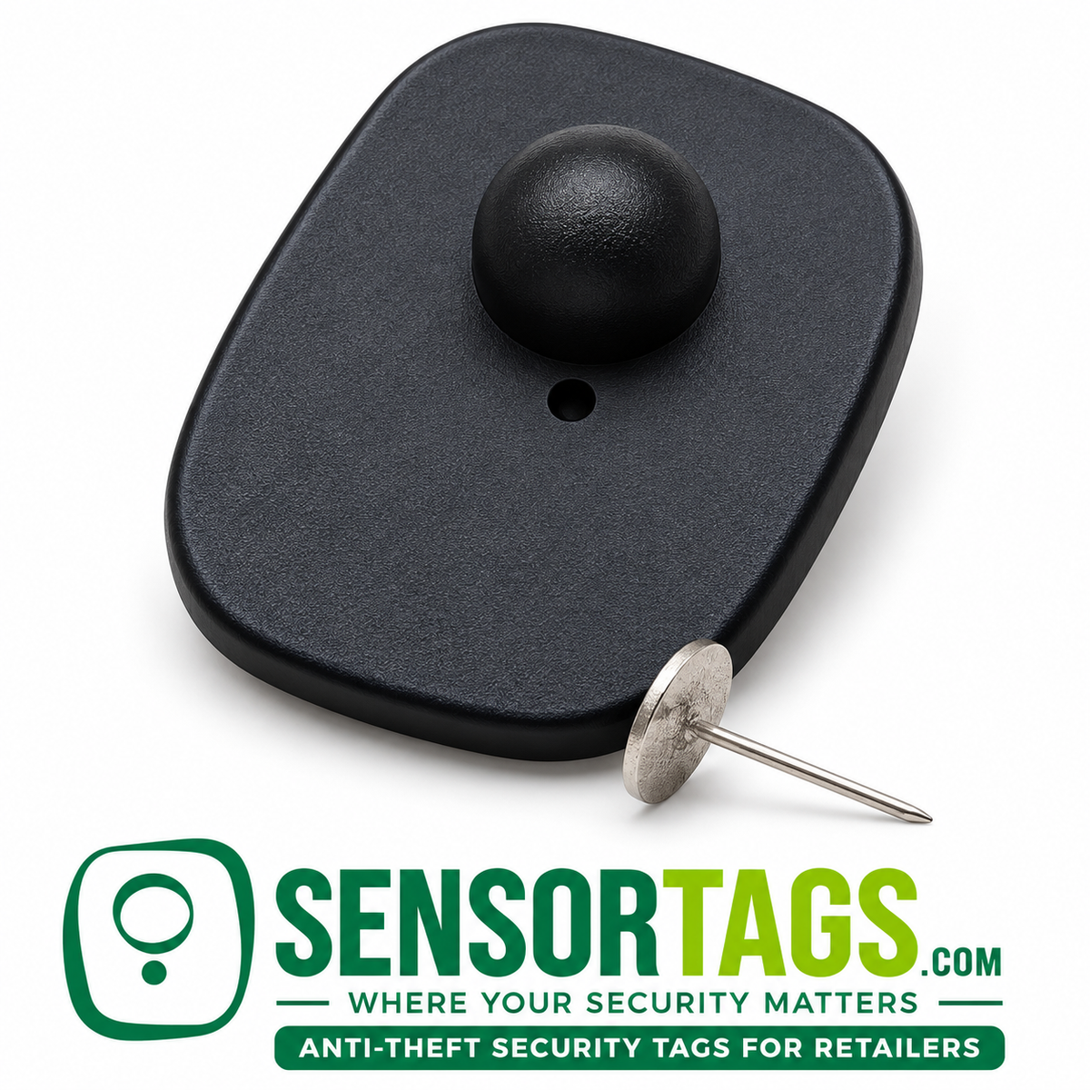 Close-up of a Black Mini RF security tag showing its domed locking housing, small lanyard hole and textured black shell.