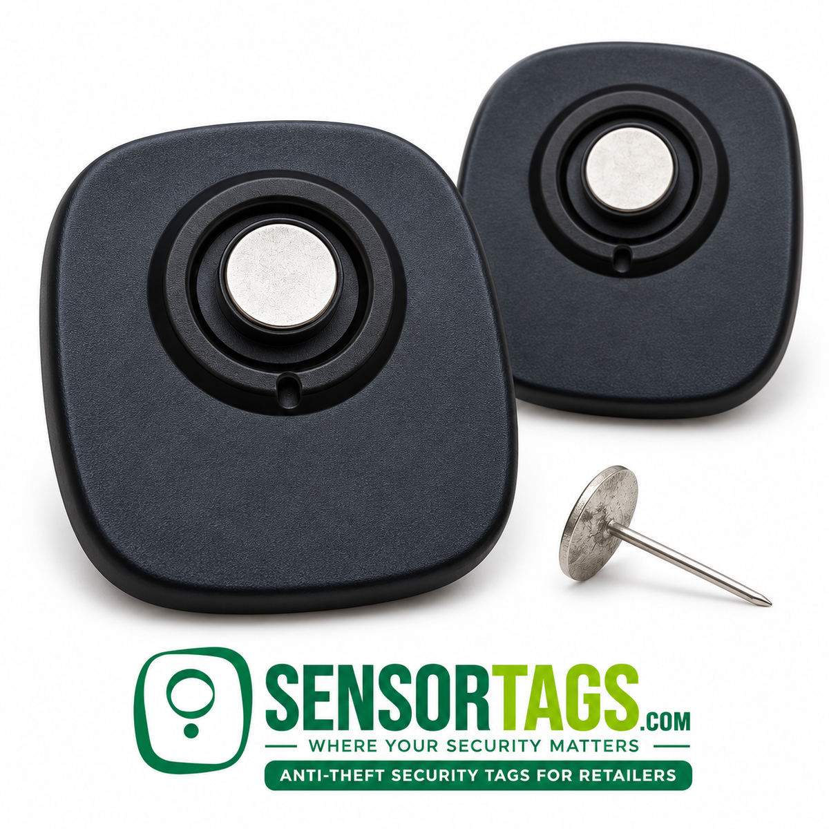 Black Mini security tags showing the recessed reverse face and fitted silver flat-head pin, with a loose pin alongside.