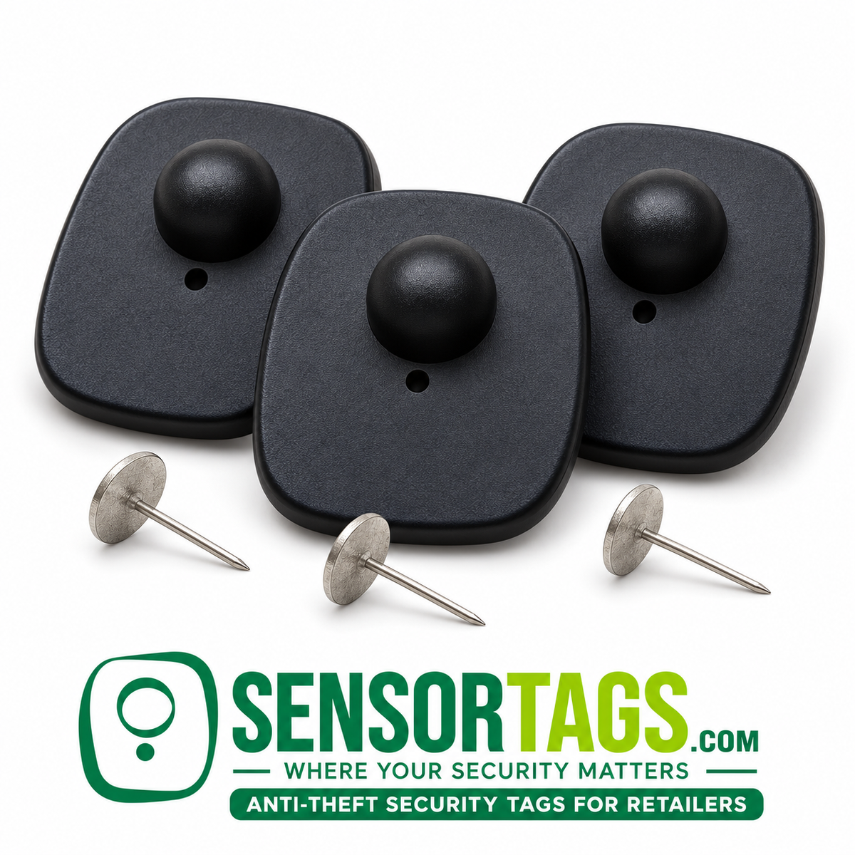 Three Black Mini security tags in a fan arrangement showing charcoal-black housings, rounded edges and included silver pins.