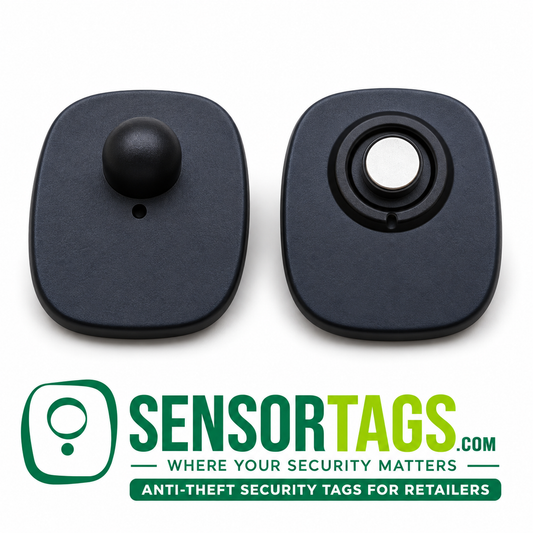 Black Mini security tags, front view and reverse view with a silver flat-headed pin fitted