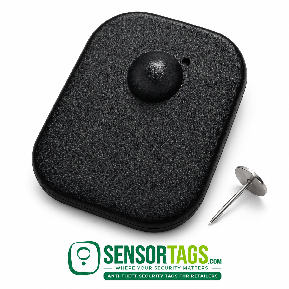 Black Maxi security tag, angled front view beside a silver flat-headed pin