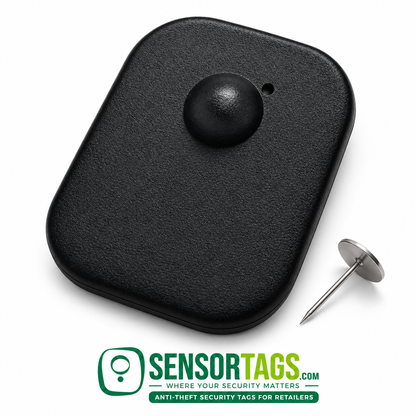 Black Maxi security tag, angled front view beside a silver flat-headed pin