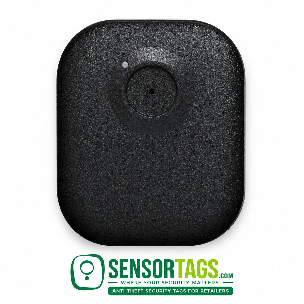 Black Maxi security tag, close-up of the reverse pin hole and silver dot