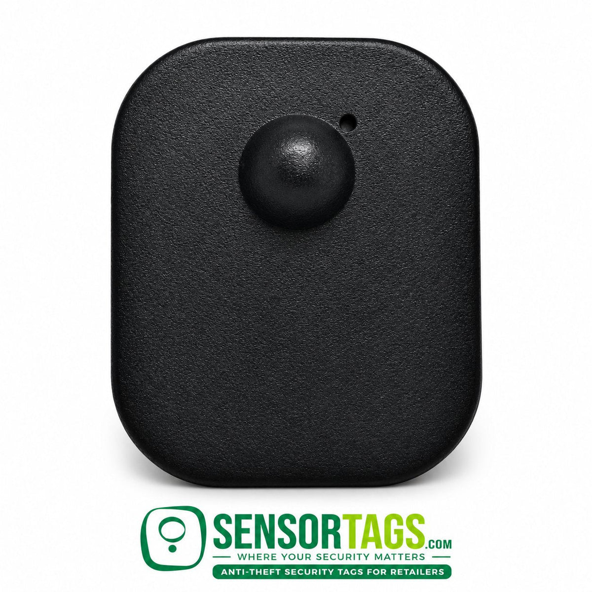 Black Maxi security tag, close-up of the textured front and domed lock housing