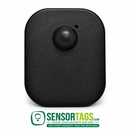 Black Maxi security tag, close-up of the textured front and domed lock housing