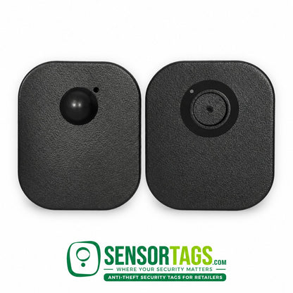 Black Maxi security tags showing the domed front and reverse pin recess