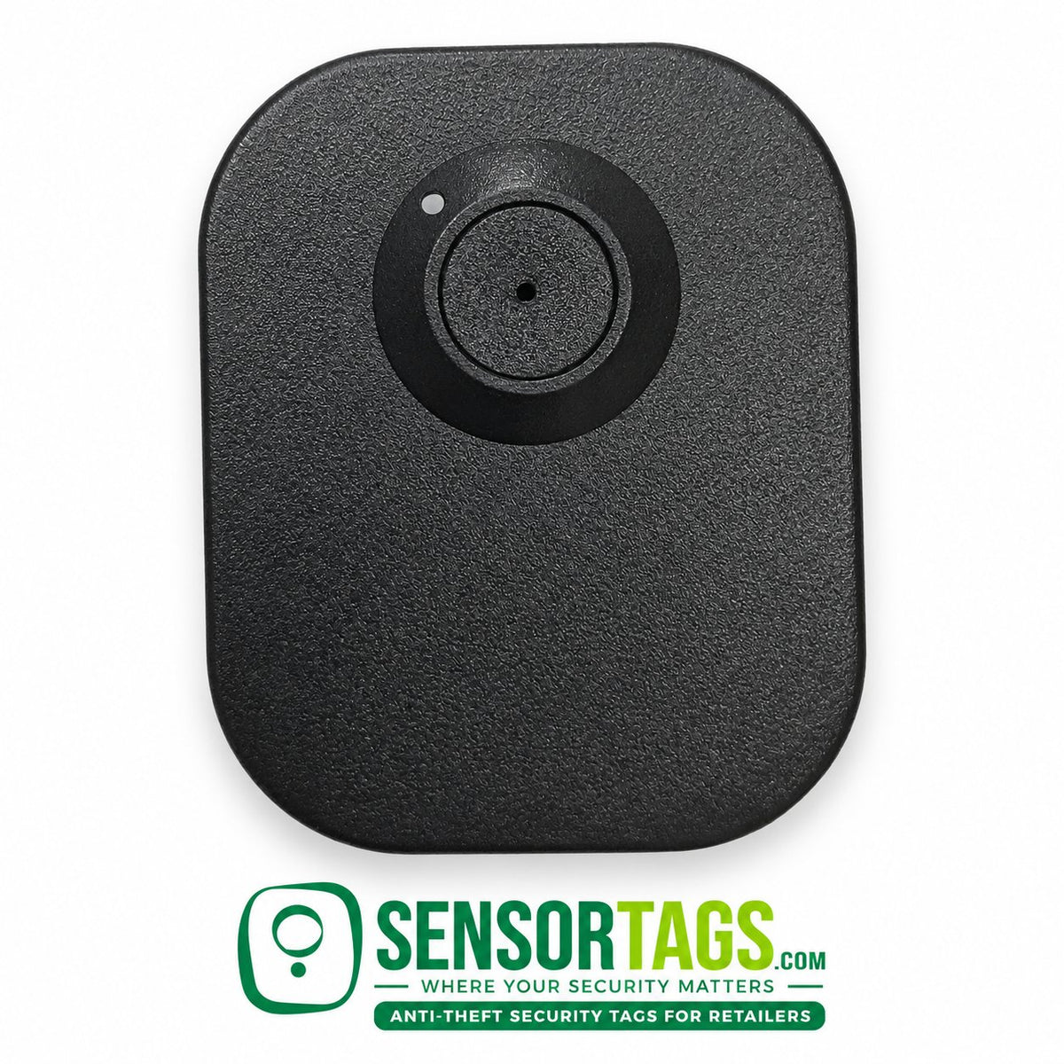 Black Maxi security tag, reverse view with circular recess and central pin hole