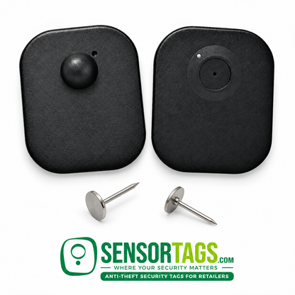 Black Maxi security tags, front and reverse views with two separate silver flat-headed pins