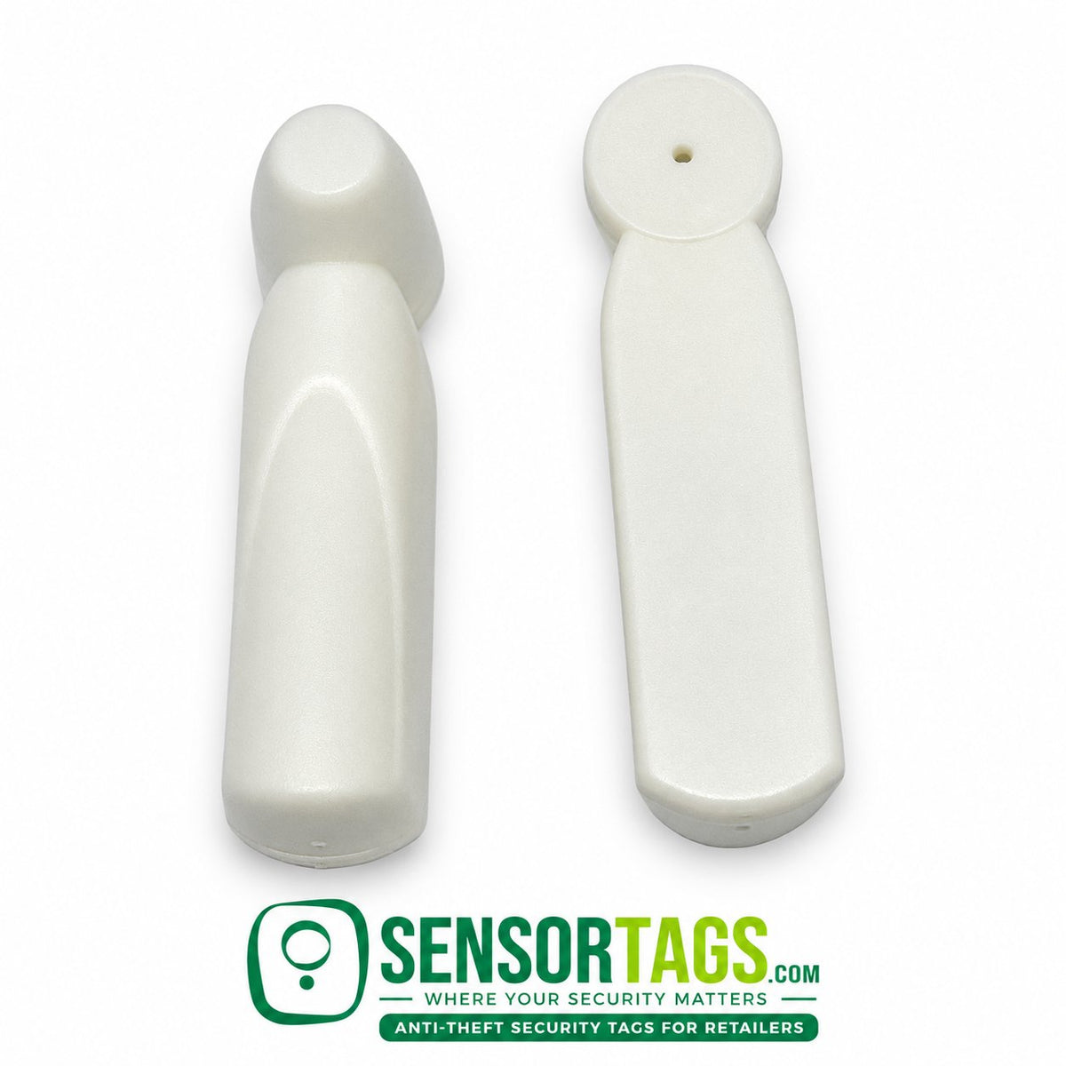 Pencil Security Tags, AM 58 kHz – two white pencil tags, front and side