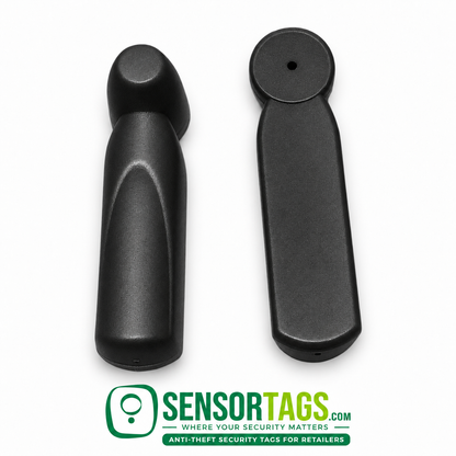 Black pencil security tags, RF 8.2 MHz, front and back views with SensorTags logo