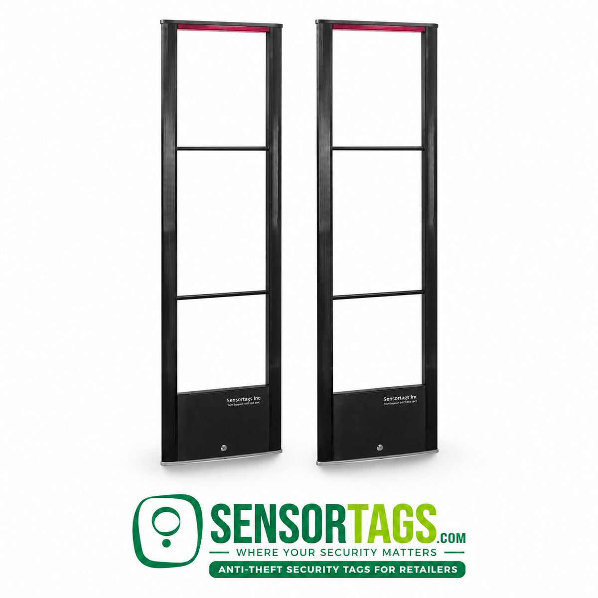Pharmacy & Convenience Store Security Kit for Single Door Entrances: Towers, Labels & Deactivation Pad – pair of black RF security towers