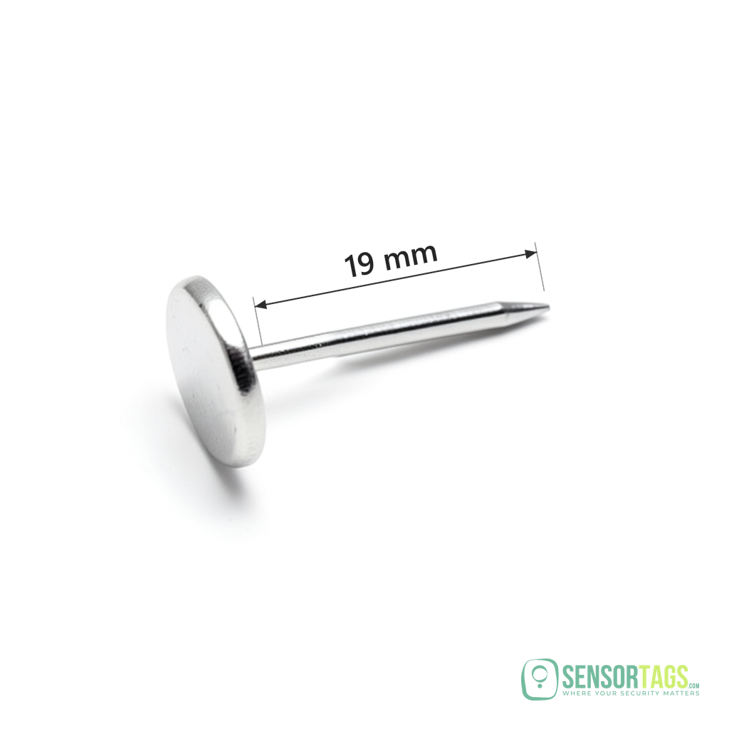 19 mm flat head security tag pin on white, with a line marking the 19 mm pin length