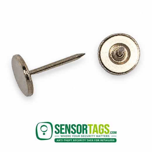 Security Tag Pins Flat 16 mm (Standard) – flat head pin beside a pin head seen from above