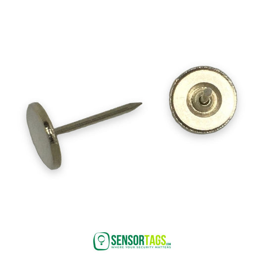 Security Tag Pins Flat 16 mm (Standard) – flat head pin beside a pin head seen from above