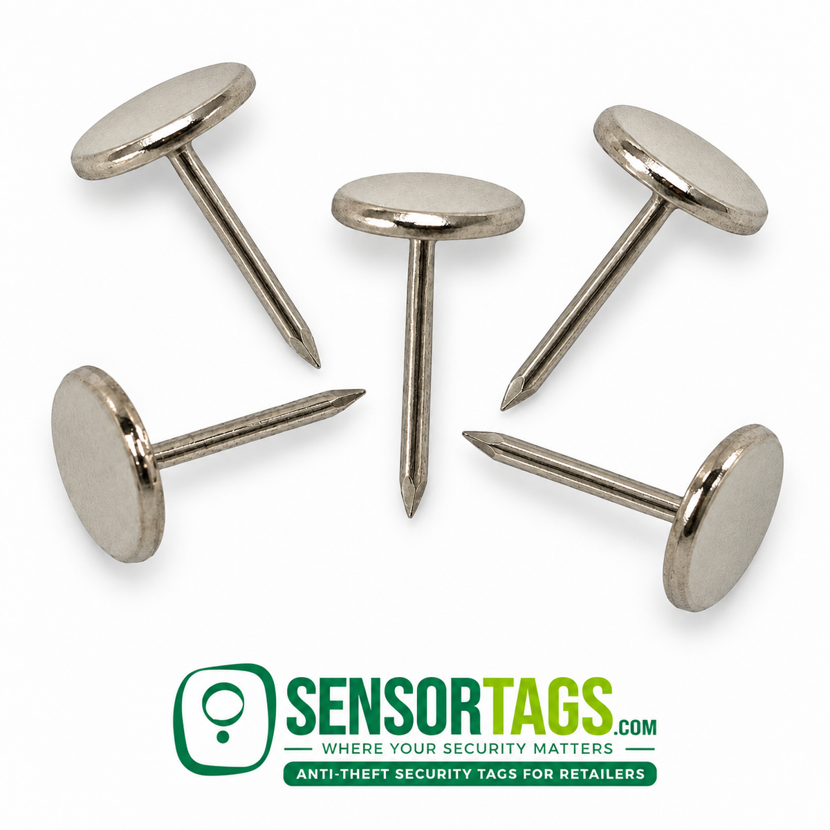 Five smooth stainless steel security tag pins with flat round heads, arranged in a fan on white with SensorTags branding.