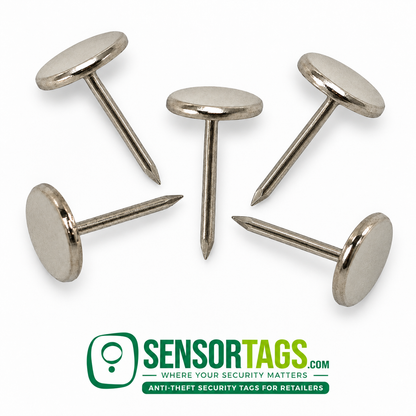 Five smooth stainless steel security tag pins with flat round heads, arranged in a fan on white with SensorTags branding.