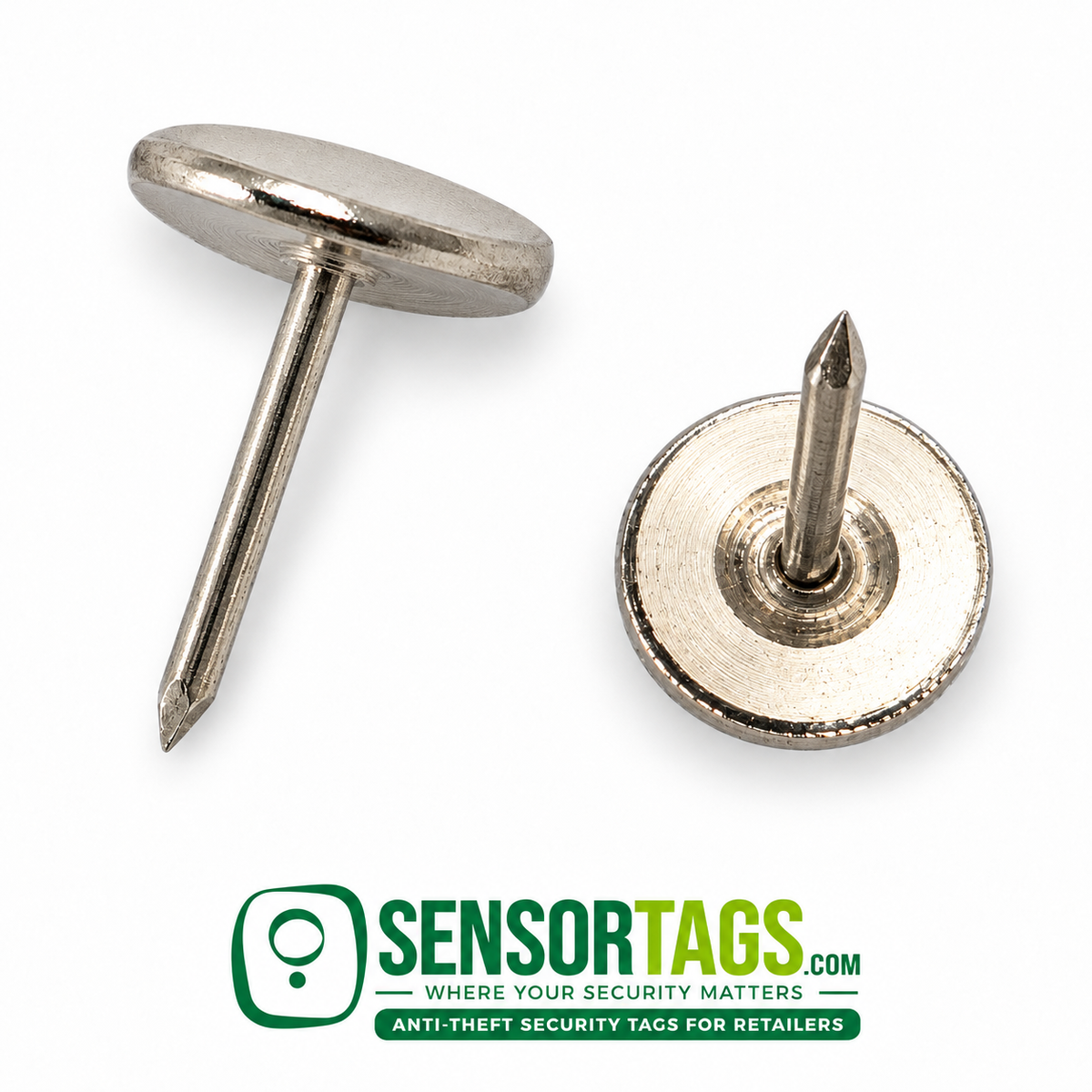 Two smooth security tag pins showing the side profile and circular underside of the flat head, on white with SensorTags branding.