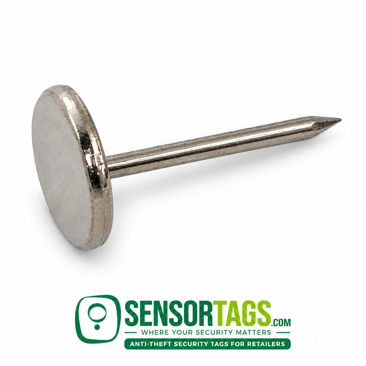 Side profile of a smooth 16 mm security tag pin, showing the pointed steel shaft and flat circular head on white.