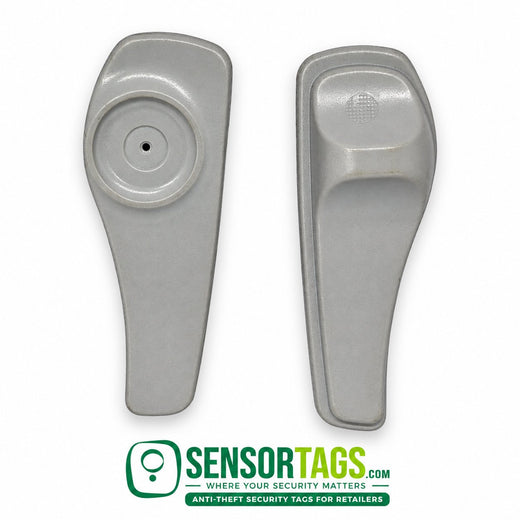 Sensormatic Super Tag 2 – two grey hard tags, front and back