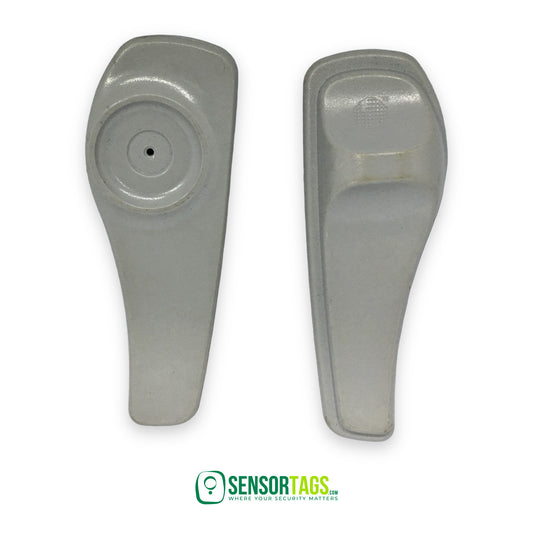 Sensormatic Super Tag 2 – two grey hard tags, front and back