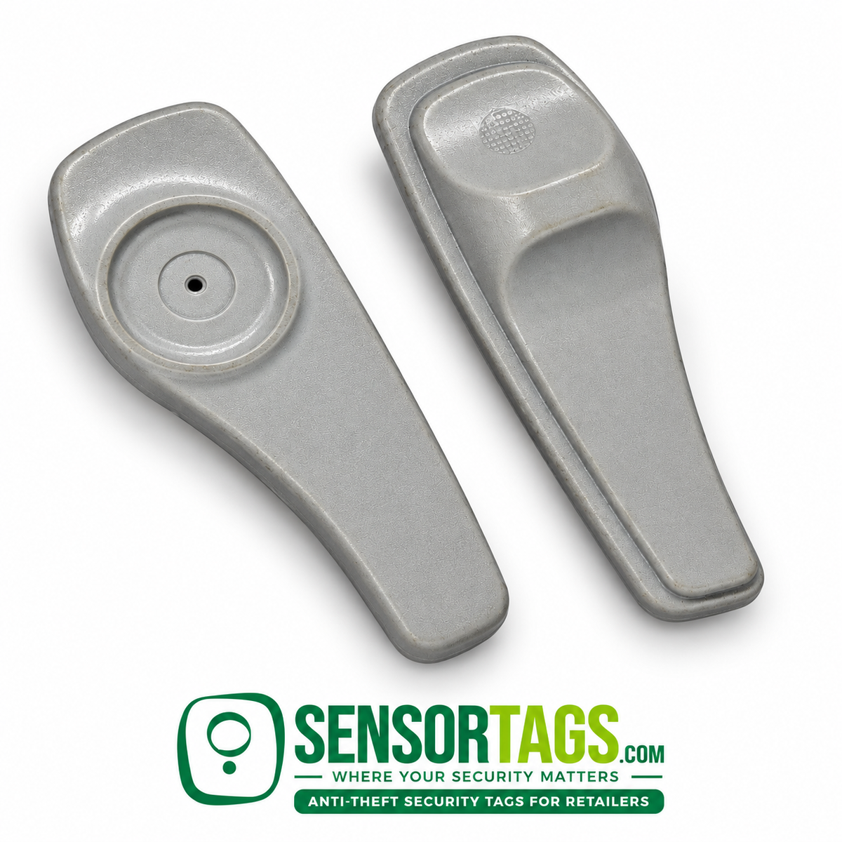 Two gray SuperTag II security tags in a diagonal arrangement, showing front and back surfaces against white.