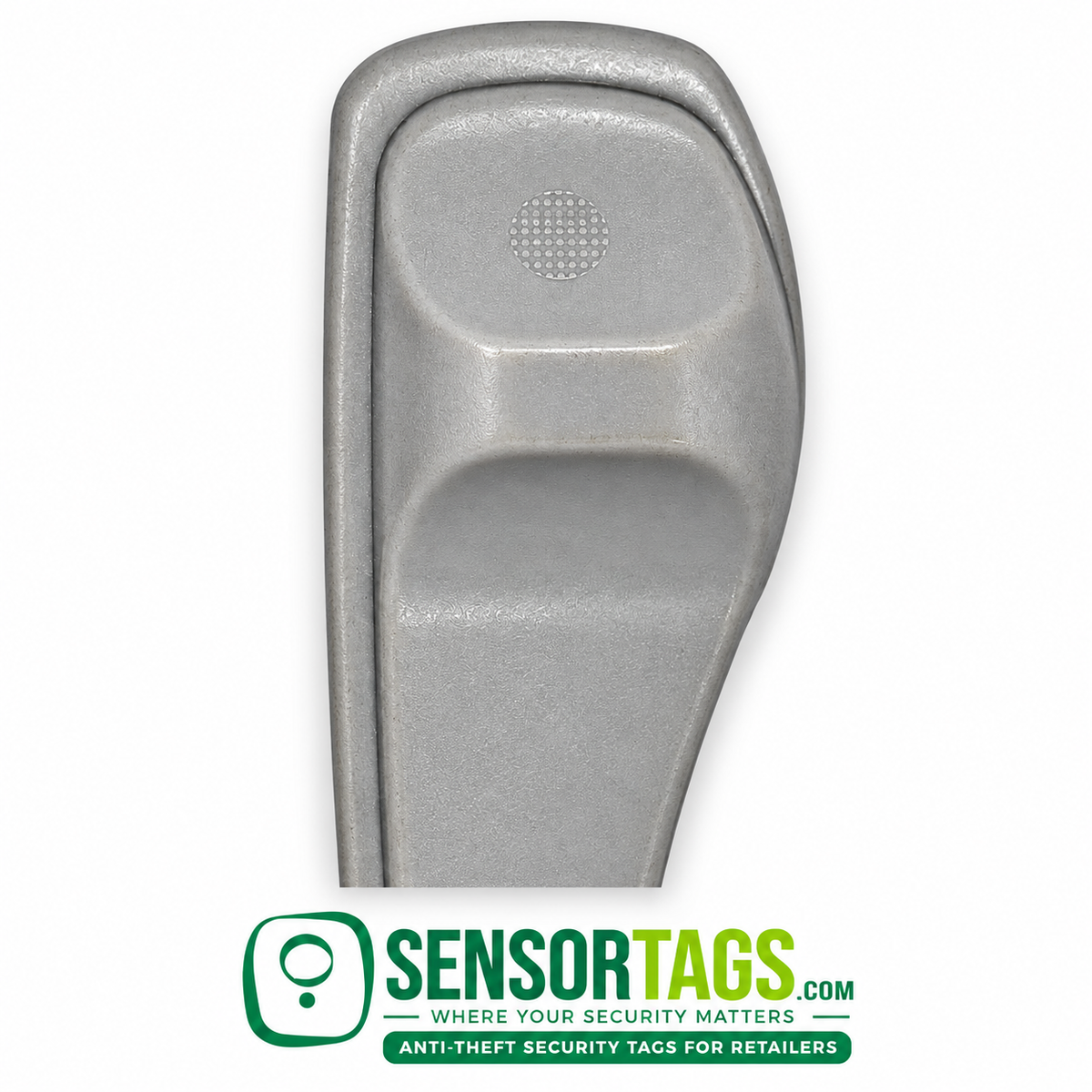 Gray SuperTag II security tag back detail, showing the raised upper contour, dotted mold mark and recessed border.