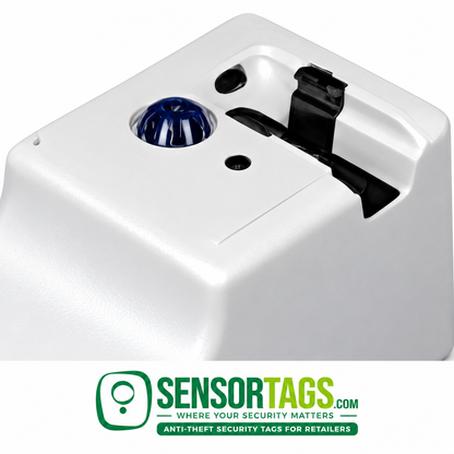 Close-up of the blue ribbed dome and surrounding white upper deck on a refurbished UltraMax electronic tag remover.