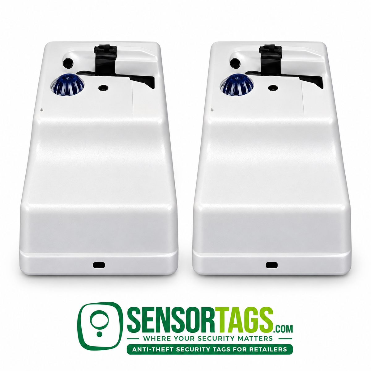 Two refurbished UltraMax electronic tag removers seen from a raised front angle, showing both sloping housings and upper decks.
