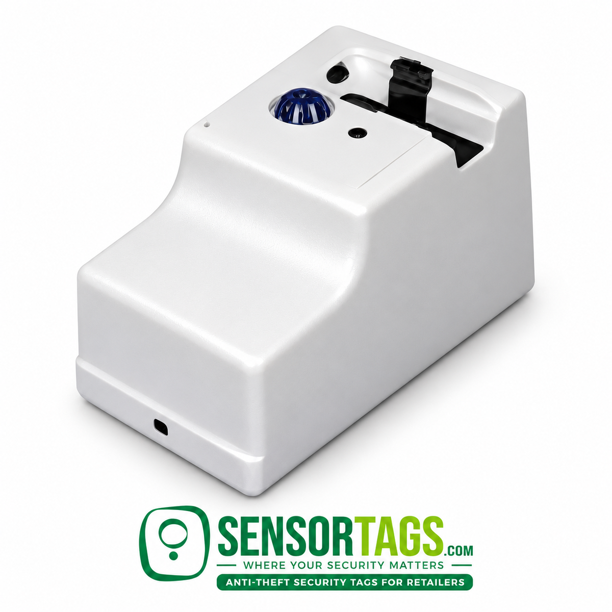 Front three-quarter view of a refurbished UltraMax electronic tag remover with its sloping white body and blue dome visible.