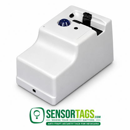 Front three-quarter view of a refurbished UltraMax electronic tag remover with its sloping white body and blue dome visible.