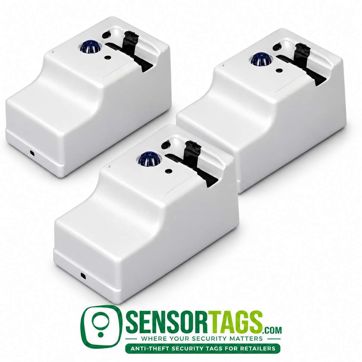 Three refurbished UltraMax electronic tag removers in a studio display, each showing the white housing and black tag cradle.